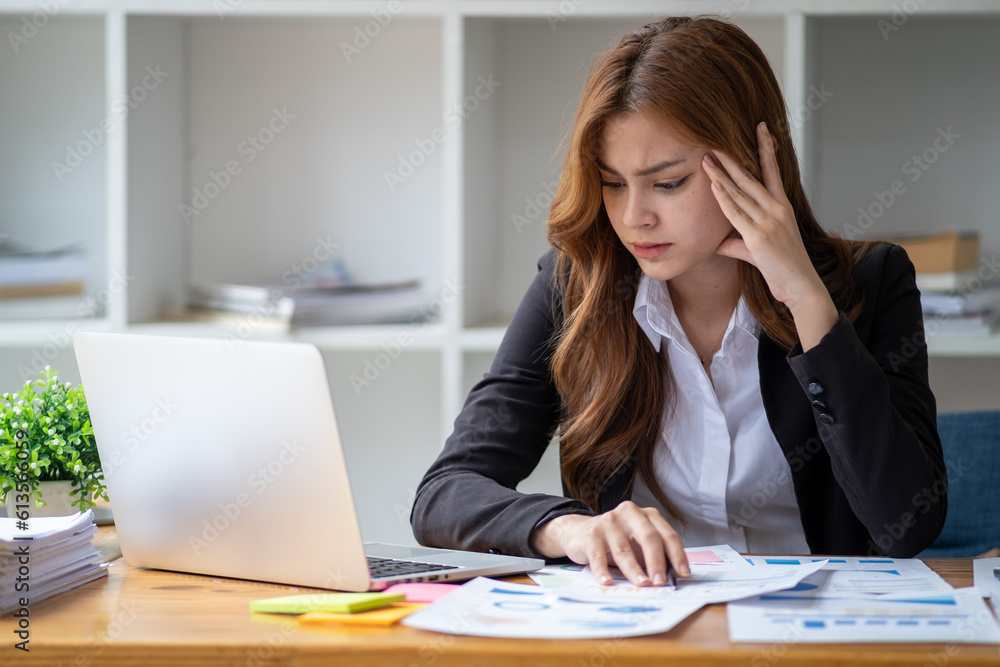 Tired exhausted fatigue angry business woman manager bookkeeping law firm accounting bored sleepy sitting at desk, business woman stressed about meeting online project document on laptop computer Tired exhausted fatigue angry business woman manager bookkeeping law firm accounting bored sleepy sitting at desk, business woman stressed about meeting online project document on laptop computer