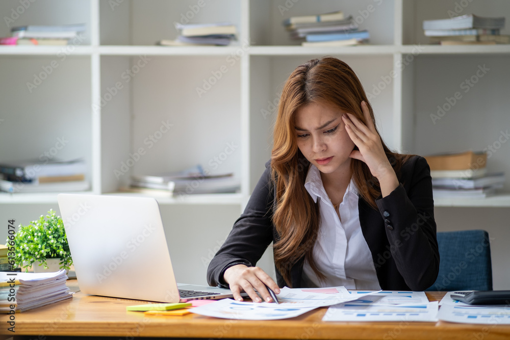 Tired exhausted fatigue angry business woman manager bookkeeping law firm accounting bored sleepy sitting at desk, business woman stressed about meeting online project document on laptop computer Tired exhausted fatigue angry business woman manager bookkeeping law firm accounting bored sleepy sitting at desk, business woman stressed about meeting online project document on laptop computer