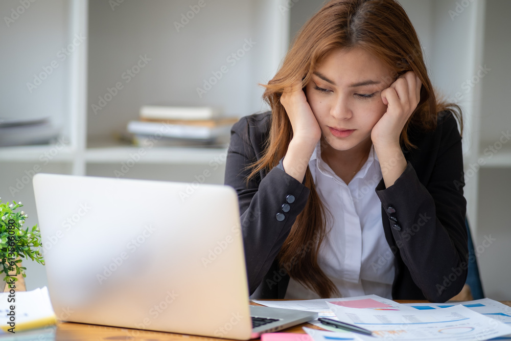 Tired exhausted fatigue angry business woman manager bookkeeping law firm accounting bored sleepy sitting at desk, business woman stressed about meeting online project document on laptop computer Tired exhausted fatigue angry business woman manager bookkeeping law firm accounting bored sleepy sitting at desk, business woman stressed about meeting online project document on laptop computer