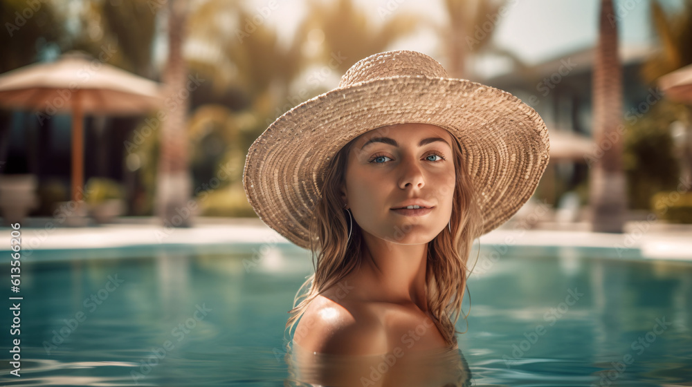Beautiful girl by the pool. Summer holiday concept.