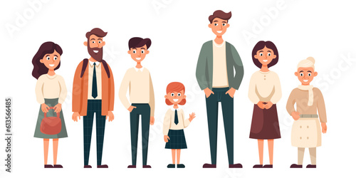 Group of people different genders  different ages standing on white background. Cartoon Vector illustration.