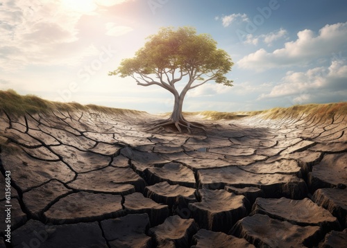 Climate change, heated landscape with dry cracked earth, environmental problem, extinction rebellion, sustainability concept, created with generative ai