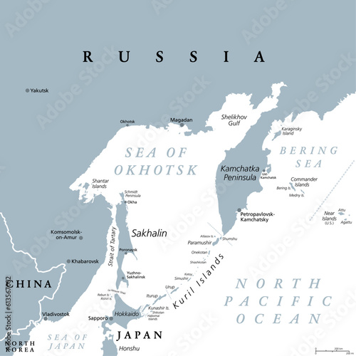 Sea of Okhotsk, gray political map. Marginal sea of the North Pacific Ocean located between the Kamchatka Peninsula, the Kuril Islands, Hokkaido, Sakhalin, and a stretch of the eastern Siberian coast. photo