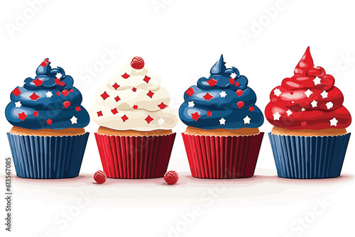 Patriotic holiday cupcakes decorated for 4th of July 
 and Christmas cupcakes with candles vector art illustration.