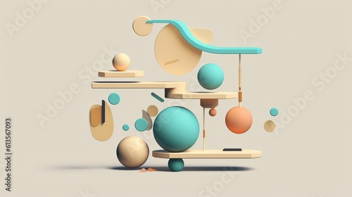 Geometric art installation with a spheres. Creative and playful space that stimulates productivity with colourful accents. Generative AI. Illustration for brochure, poster, presentation or banner.