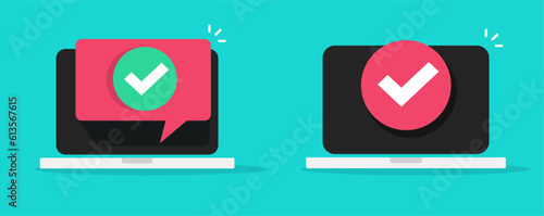 Laptop check mark test validation tick online icon vector graphic, computer pc digital verification checkmark notice message, update system success complete, accept approve web clipart
