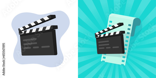 Movie icon with film clapperboard filmstrip vector 3d graphic illustration, clapper board action slate with cinema tape, clapboard isolated cartoon image clipart