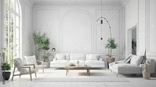 Interior of white living room panorama 3d rendering, Bright color. Generative Ai © hassanmim2021