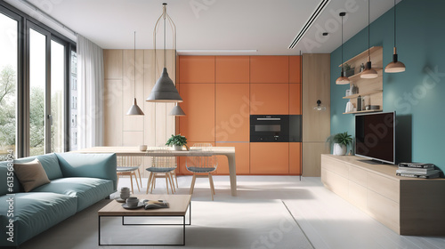 Modern Apartment Interior 3d render  Bright color. Generative Ai