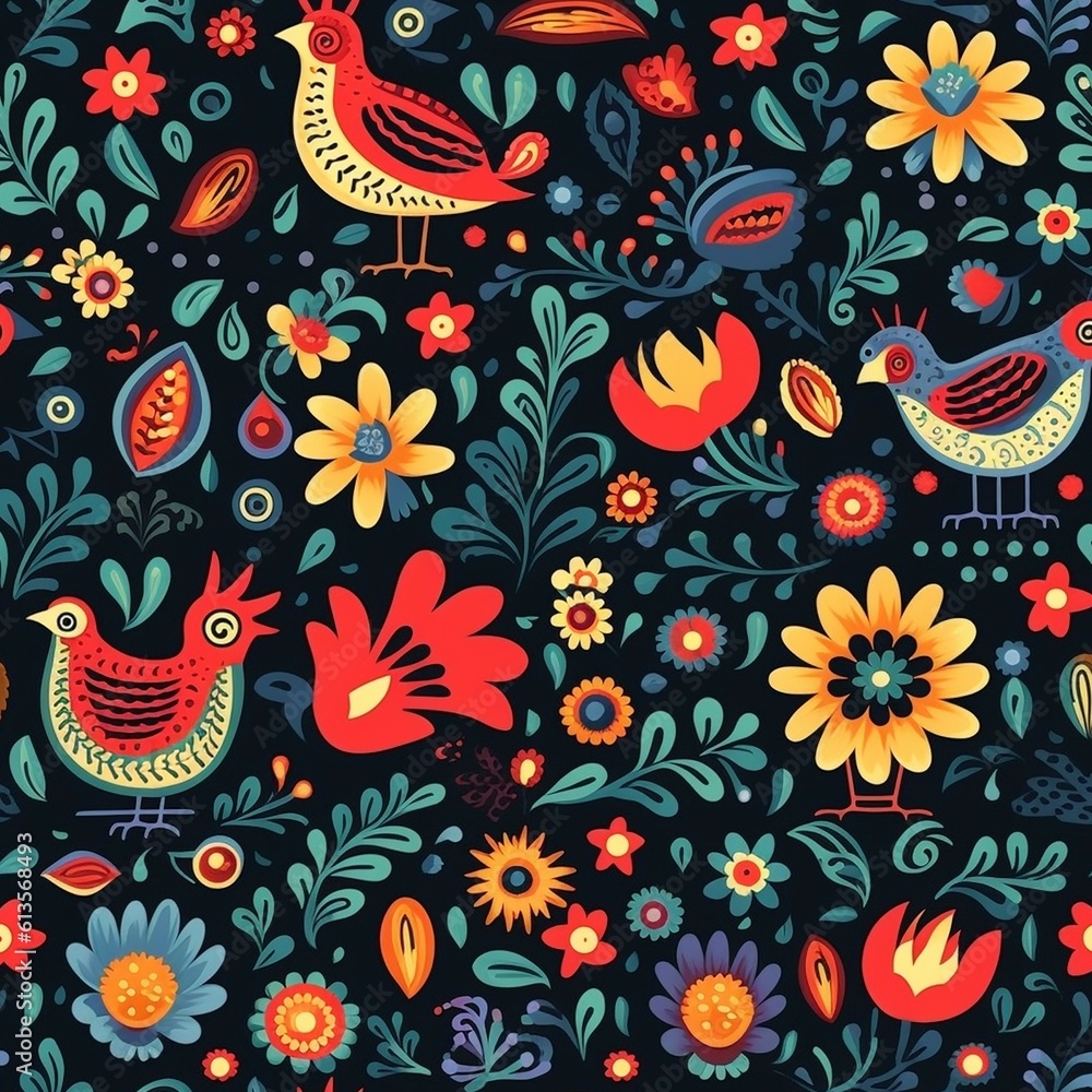 Fototapeta premium Seamless pattern of Hungarian folklore motives, created with generative AI