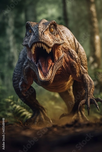 Roaring Tyannosaurus rex dinosaur running toward  created with generative AI