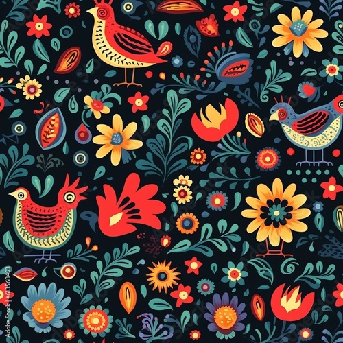 Seamless pattern of Hungarian folklore motives, created with generative AI