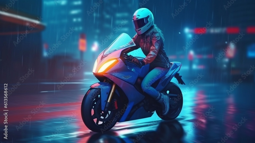 On a wet, rainy road, a stunning woman travels at high speed on a modern, brightly glowing electric motorcycle. Generative AI
