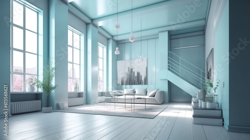 Weisses Apartment Interior Panorama 3d render, Bright color. Generative Ai