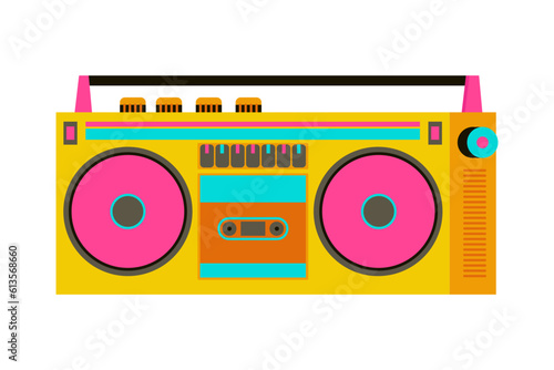 Retro cassette recorder. Music player. boombox 90s style. Back to 90s. Old fashioned vintage boombox. Nostalgia for 1990s, 2000s. Neon colors. Colorful vector illustration 