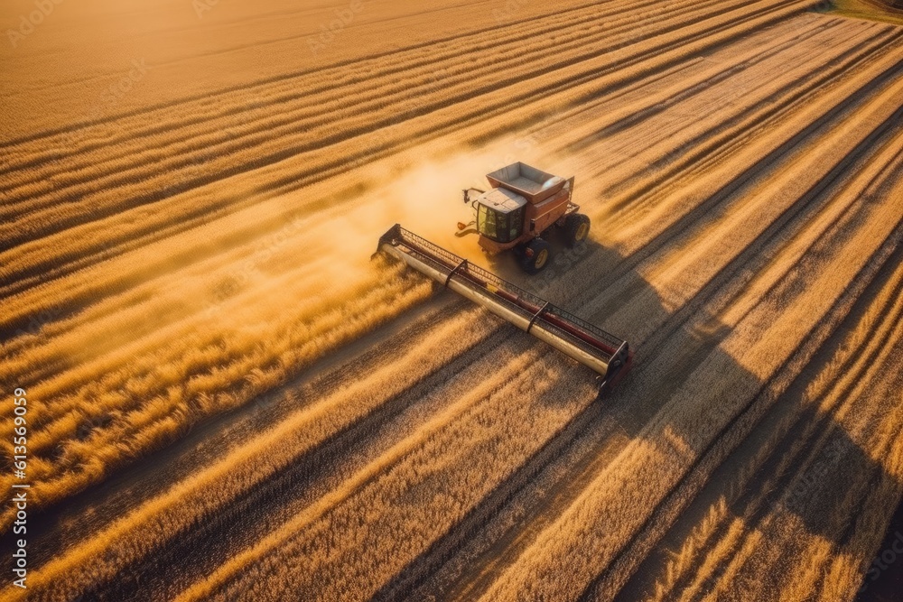 Aerial view of combine harvester in vast wheat field, AI Generative Aerial view of combine harvester in vast wheat field, AI Generative