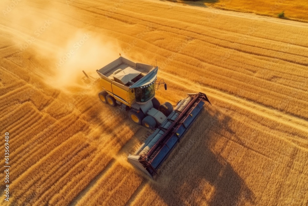 Aerial view of combine harvester in vast wheat field, AI Generative Aerial view of combine harvester in vast wheat field, AI Generative