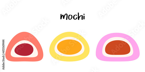 Mochi. Japanese rice dessert. Traditional Japanese dessert. Ball of rice flour with bean paste. Banner, poster, restaurant menu, national mochi day.