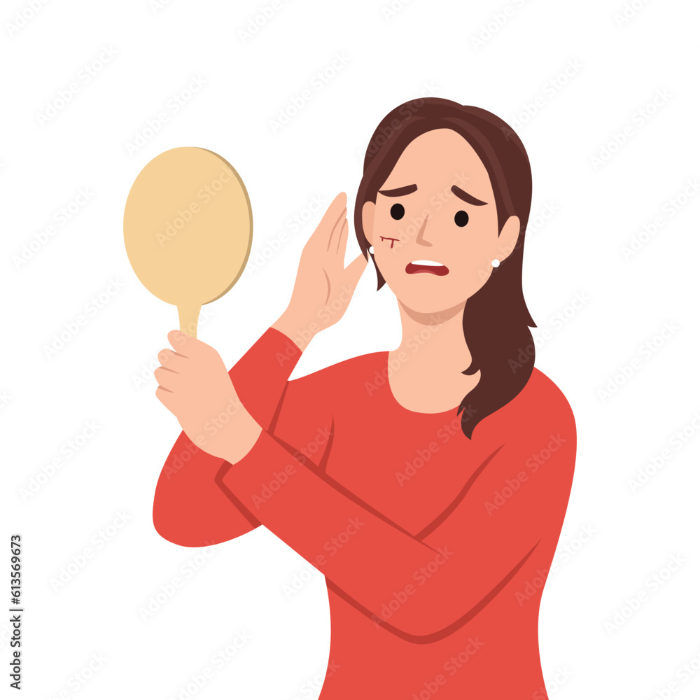 Unhappy shocked woman holding mirror in hand with scratched face bleeding. Flat vector illustration isolated on white background Unhappy shocked woman holding mirror in hand with scratched face bleeding. Flat vector illustration isolated on white background