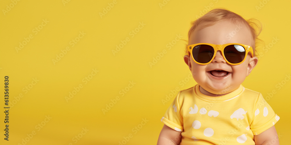 Funny baby wearing big sunglasses. Isolated on bright yellow background. Summer banner, copy space. Funny baby wearing big sunglasses. Isolated on bright yellow background. Summer banner, copy space.