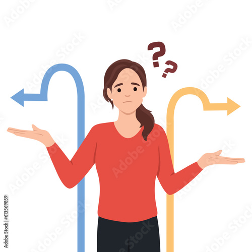 Choice, thinking, doubt, problem concept. Young pensive thoughtful confused doubtful woman girl cartoon character standing and choosing between two ways. Flat vector illustration isolated on white