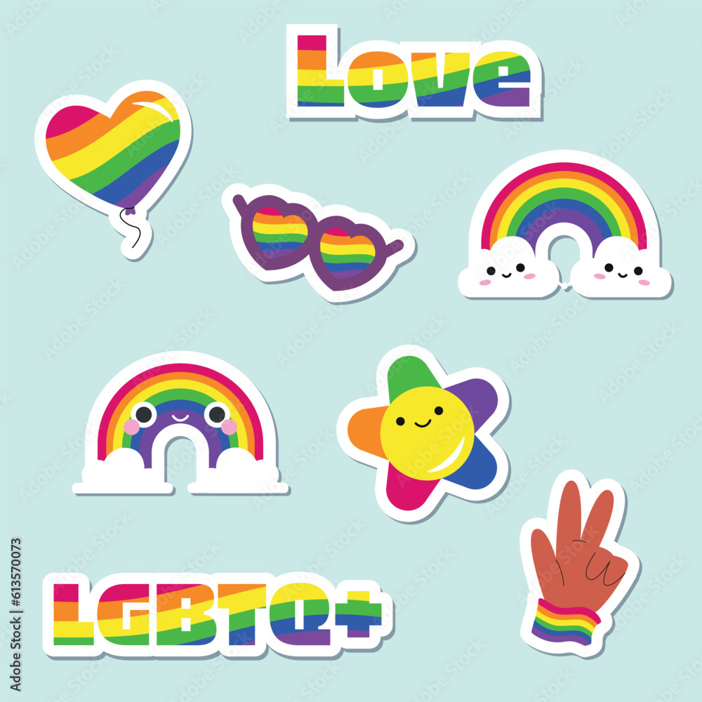  Vector set of LGBTQ community symbols with pride flags, gender signs, retro rainbow colored elements. Pride month stickers