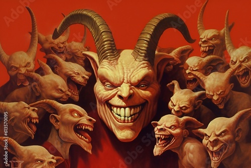 Bunch of greedy evil politics with devil like eyes and horns laughing Generative AI photo