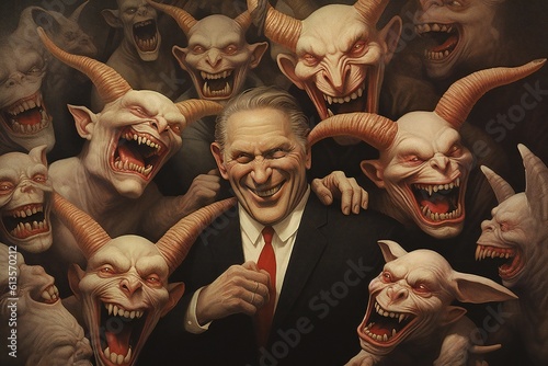 Fototapete Bunch of greedy evil politics with devil like eyes and horns laughing Generative