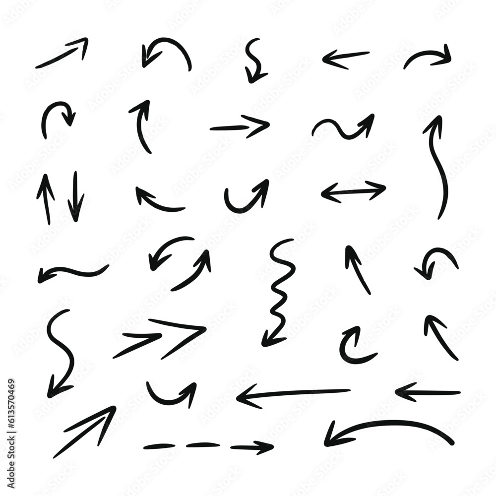 Hand drawn arrows collection Set simple flat arrows isolated on white background. Arrow mark icons and arrow paint. Stock vector. EPS10. Hand drawn arrows collection Set simple flat arrows isolated on white background. Arrow mark icons and arrow paint. Stock vector. EPS10.