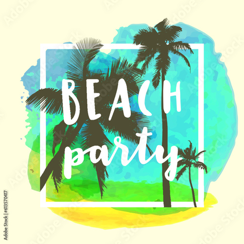 Beach Party. Modern calligraphic T-shirt design with flat palm t © babayuka