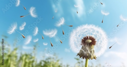 Beautiful puffy dandelions and flying seeds against blue sky on sunny day  Generative AI