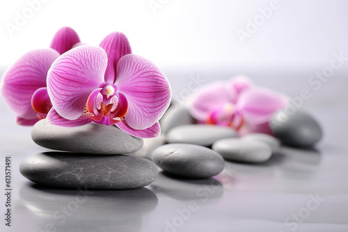 Pink orchid and spa stones isolated. Spa and relaxation concept. High quality photo