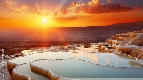 Beautiful sunrise and Natural travertine pools, Generative AI photo