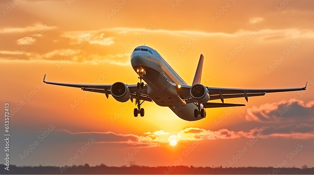 Passenger plane fly down over take-off at sunset, Generative AI Passenger plane fly down over take-off at sunset, Generative AI