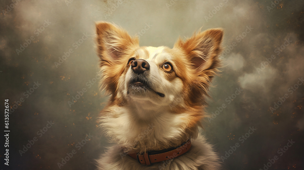a brown and white dog looking up into the sky with fire sparks and smoke in the background created with Generative AI technology
a brown and white dog looking up into the sky with fire sparks and smoke in the background created with Generative AI technology