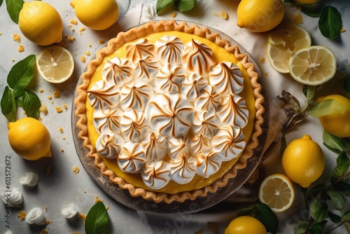 Delicious Lemon Meringue Pie. Top view. Generative AI.
