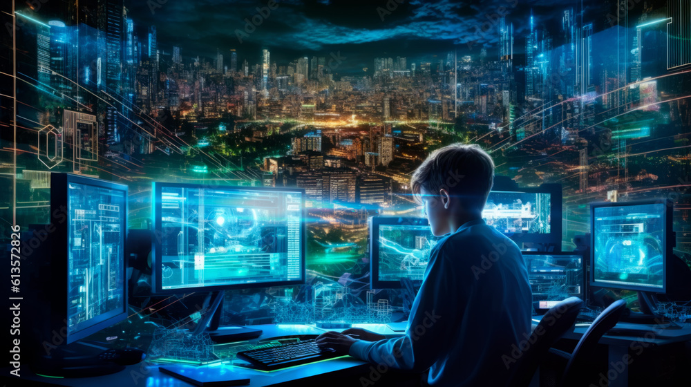 young man is immersed in a cyberpunk world with virtual reality. A guy plays with AR technology in the game room at home. Generative AI. young man is immersed in a cyberpunk world with virtual reality. A guy plays with AR technology in the game room at home. Generative AI.