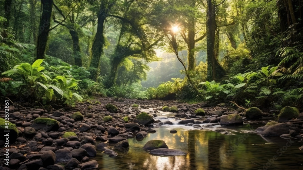 A lush forest in Fiji, with a serene river flowing through it. Generative AI A lush forest in Fiji, with a serene river flowing through it. Generative AI
