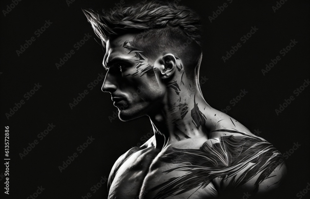 Fototapeta premium young man with many muscles in side profile created with Generative AI technology