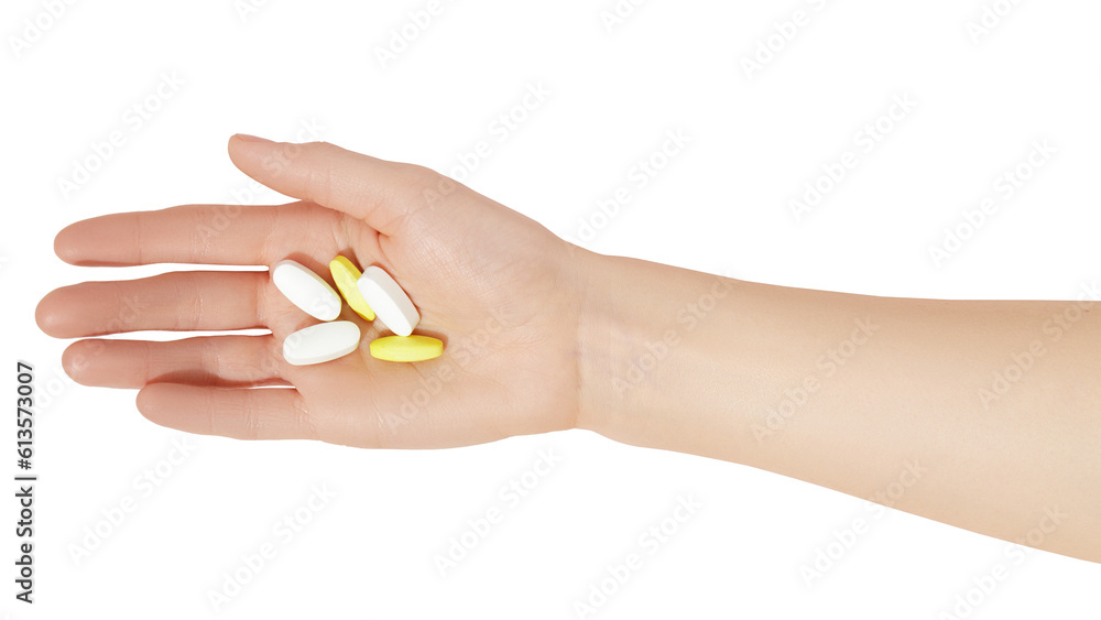 Female hand holding pills on transparent background Female hand holding pills on transparent background