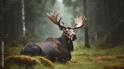 Elk or Moose, Alces alces in the dark forest during rainy day. Beautiful animal in the nature habitat. Generative AI