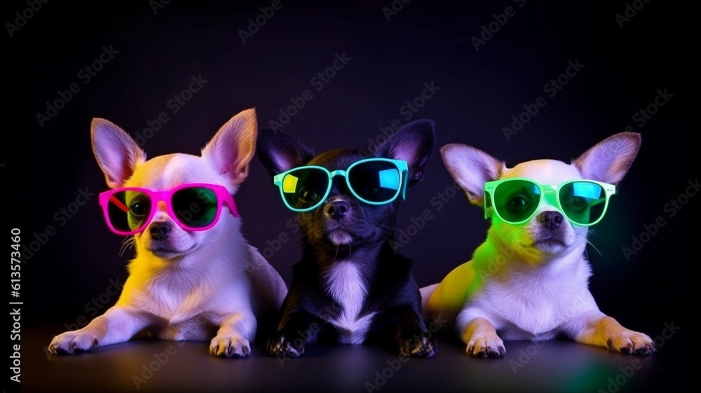 In a colorful neon light, a cool baby young DJ group of pets is enjoying some free space while listening to music. Generative AI - obrazy, fototapety, plakaty 