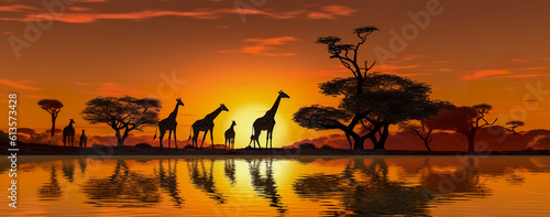 An African safari animal silhouette landscape scene. Generative AI