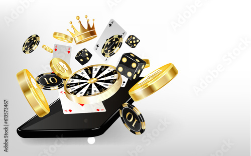 Online mobile casino banner. Smartphone with casino slot machine and golden realistic coins , playing cards, roulette .