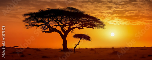An African safari animal silhouette landscape scene. Generative AI photo