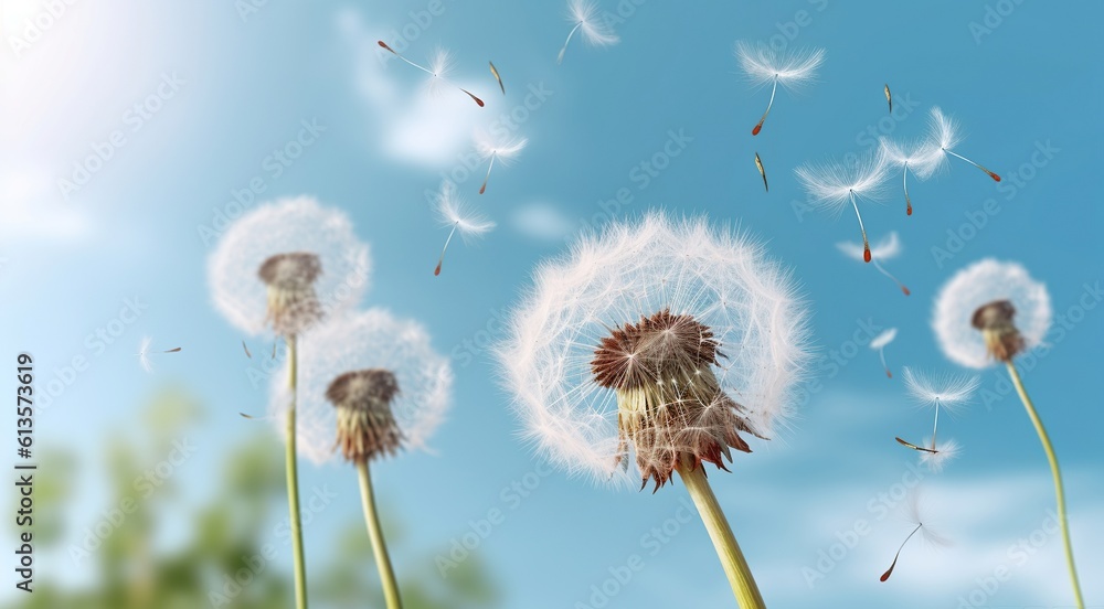 Fototapeta premium Beautiful dandelions and flying seeds in blue sky on sunny day, Generative AI
