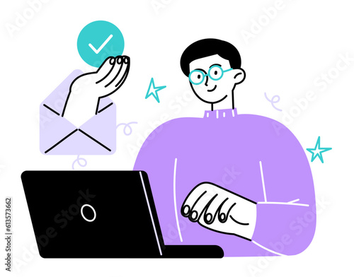 Man works with a laptop computer