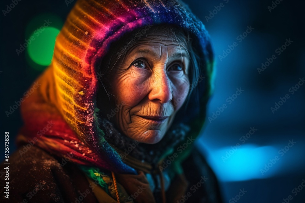 an elderly woman with a hood created with Generative AI technology an elderly woman with a hood created with Generative AI technology
