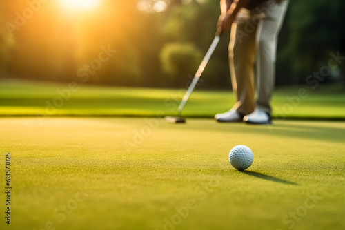 close up of a golfer intently focusing on a putt, capturing the concentration and precision required to sink the ball ai generated art