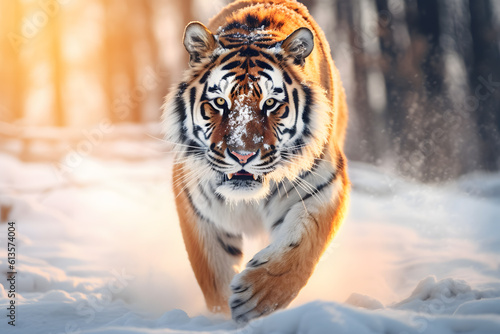 Tiger in wild winter nature. Amur tiger running in the snow ai generated art